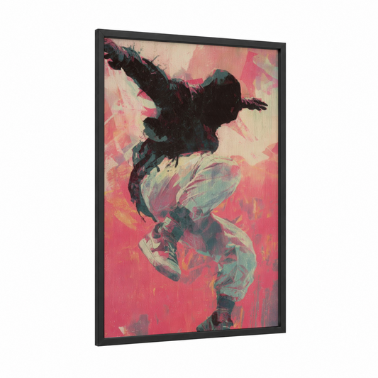 Urban Motion Dancer framed street dance print — black wood frame — magenta and teal palette