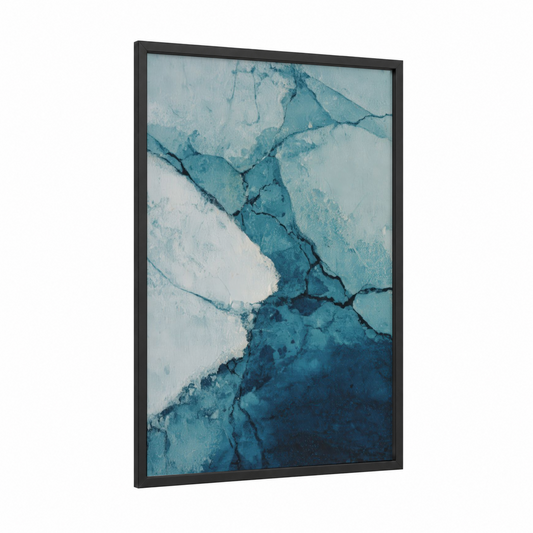 Frozen Landscape framed glacier print — black wood frame — blue and white palette