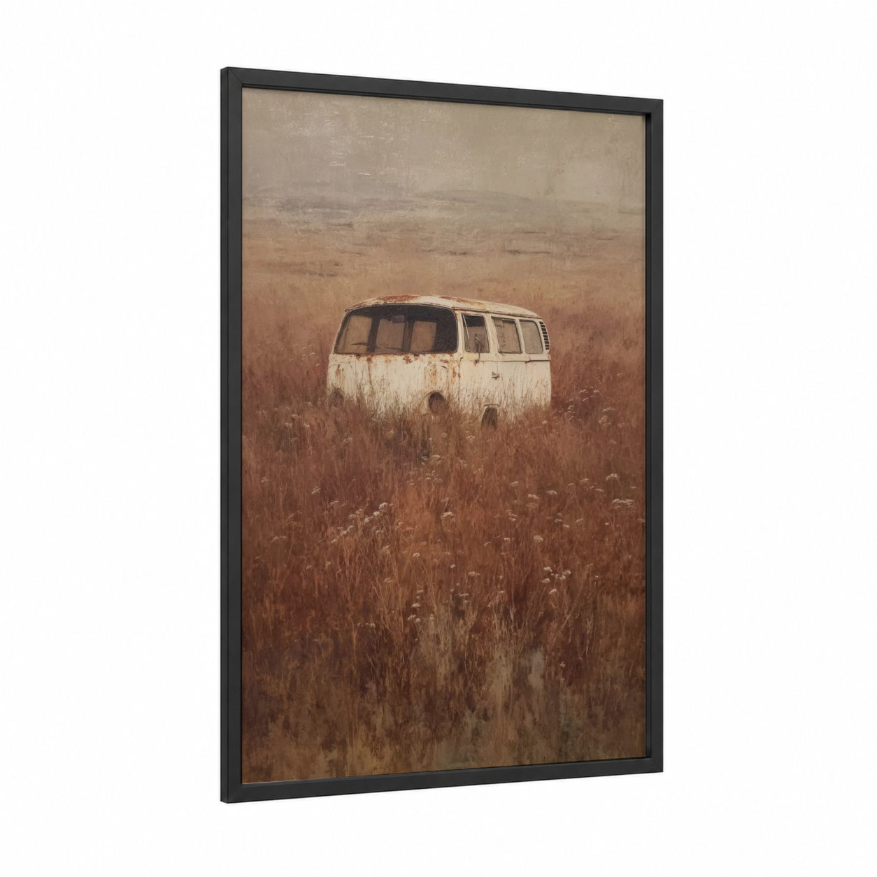 Abandoned Field Van framed art print — black wood frame — beige and gold palette