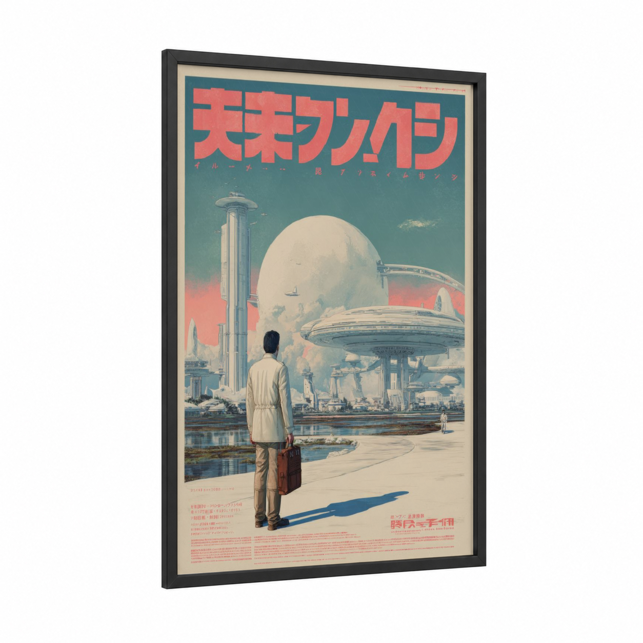 Cosmic Wanderer framed japanese retrofuturism print — black wood frame — peach and teal palette