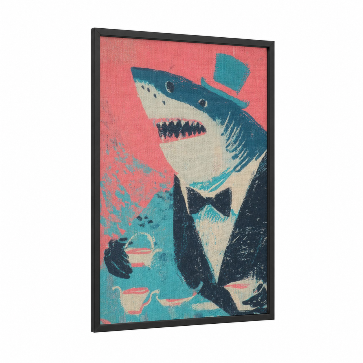 Dapper Shark framed great white shark print — black wood frame — pink and teal palette