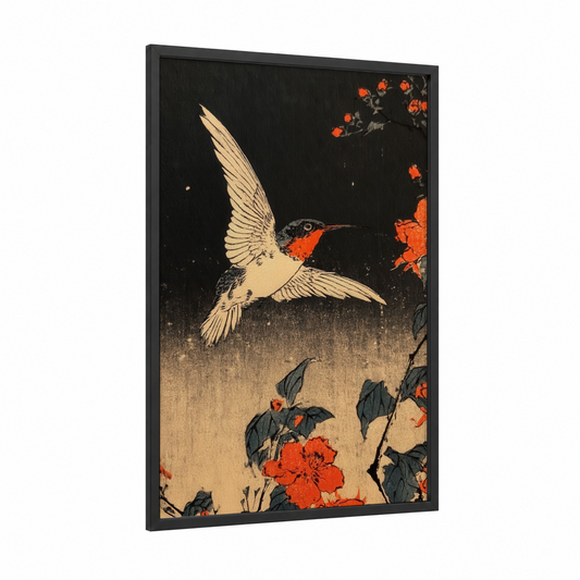 Crimson Hummingbird framed art print — black wood frame — black and orange palette