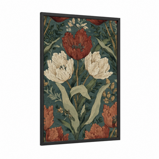 Crimson Tulip Trio framed art print — black wood frame — teal and cream palette
