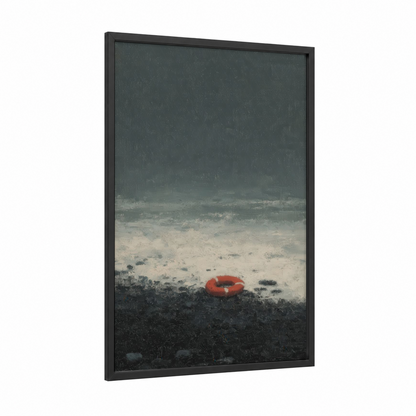 Crimson Rescue Ring framed life ring print — black wood frame — gray and red palette