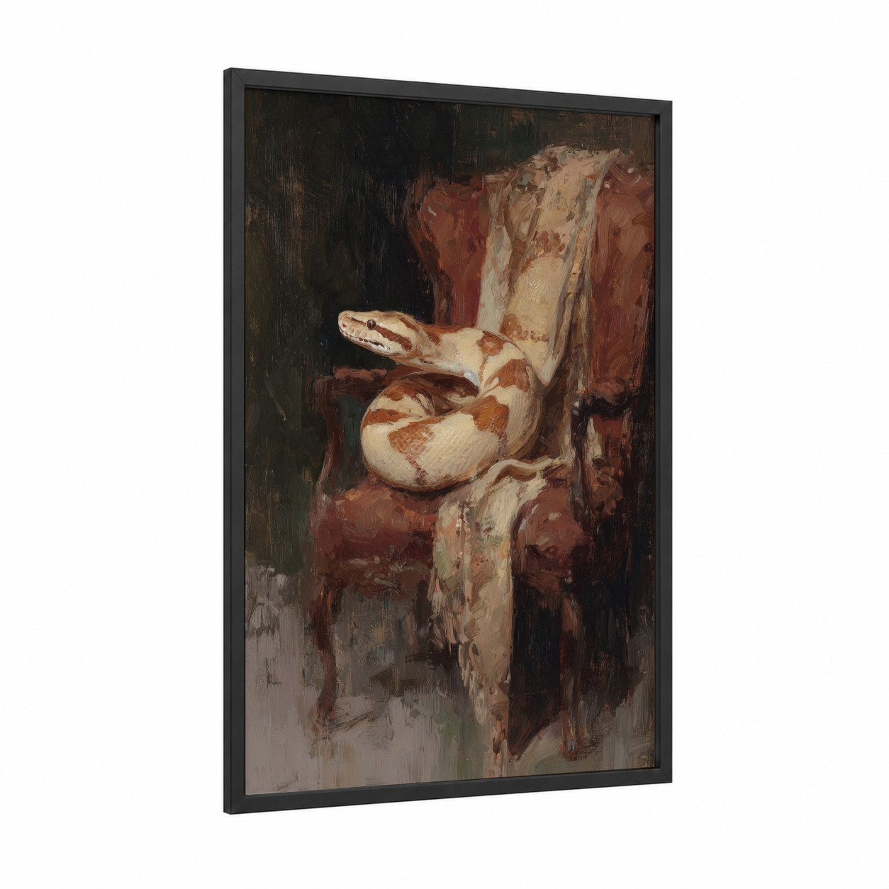 Coiled Boa Constrictor framed art print — black wood frame — russet and espresso palette