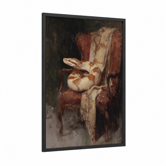 Coiled Boa Constrictor framed art print — black wood frame — russet and espresso palette