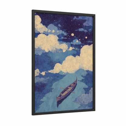 Dreaming Gondola framed kayaks and canoes print — black wood frame — blue and gold and white palette