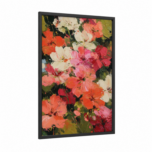 Vibrant Geranium Medley framed art print — black wood frame — red and cream palette