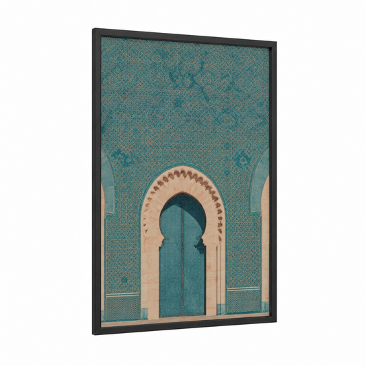 Turquoise Mosque Arch framed art print — black wood frame — teal and cream palette