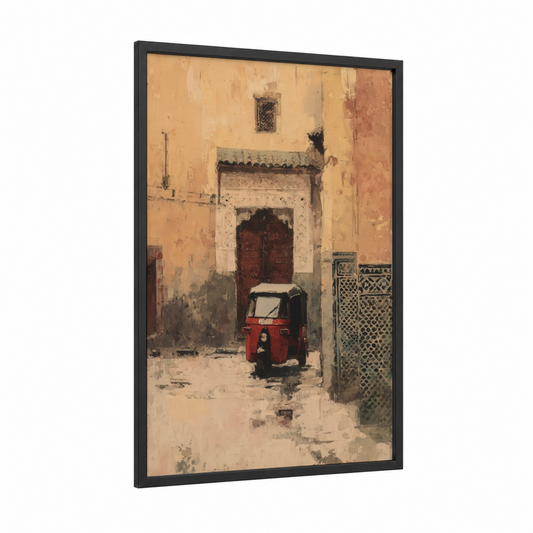 Red Rickshaw Alley framed art print — black wood frame — gold palette