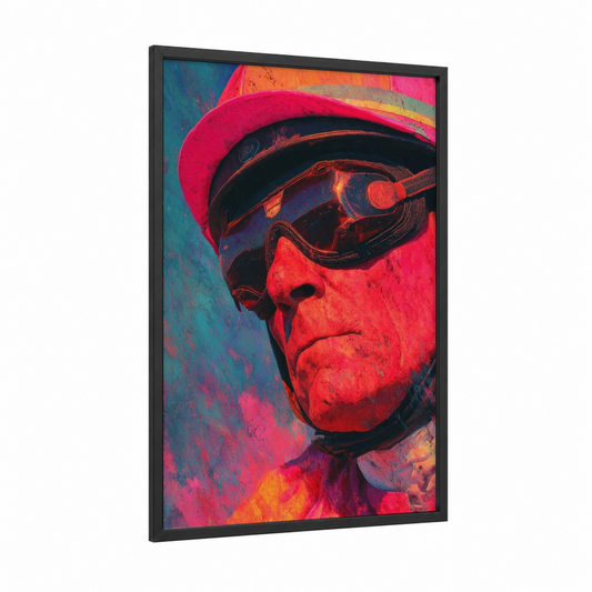 Neon Jockey framed horse racing print — black wood frame — magenta and teal palette