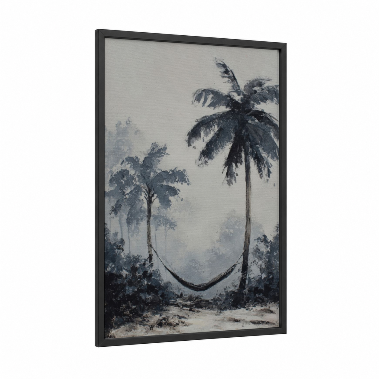 Misty Island Palms framed art print — black wood frame — gray and black and white palette