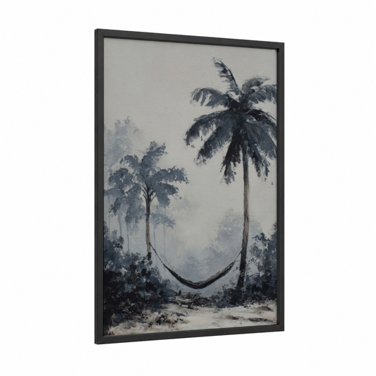 Misty Island Palms framed art print — black wood frame — gray and black and white palette