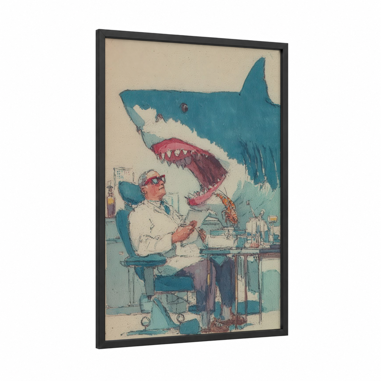 Lab Shark Attack framed blue shark print — black wood frame — blue and cream palette