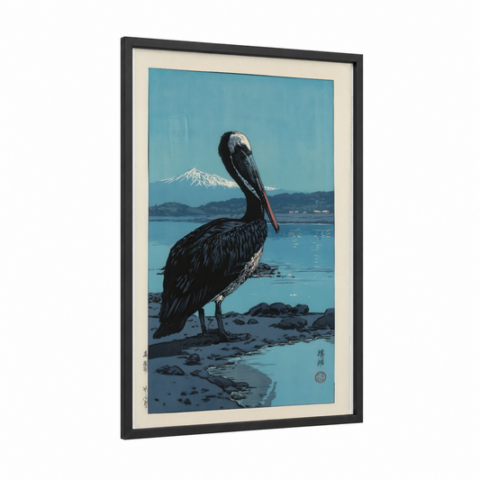 Mount Fuji Pelican framed art print — black wood frame — blue and black palette