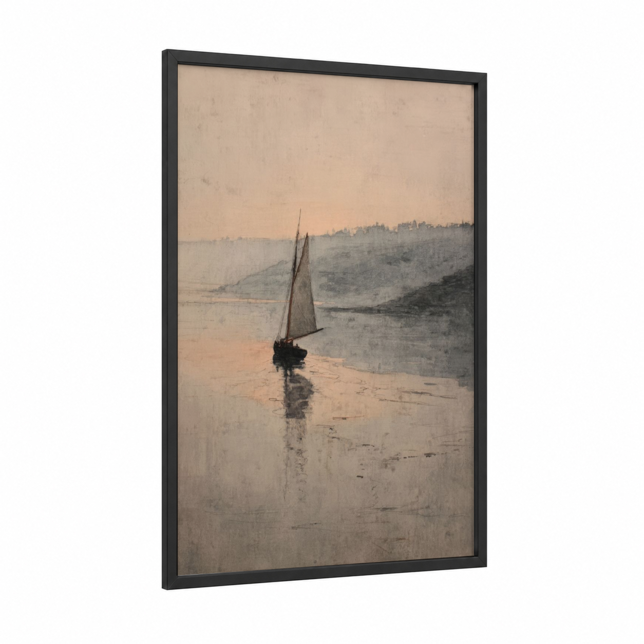 Misty Sailing Vessel framed sailing ship print — black wood frame — cream and gray palette