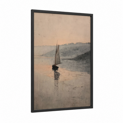 Misty Sailing Vessel framed sailing ship print — black wood frame — cream and gray palette
