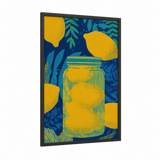 Preserved Lemons framed condiments print — black wood frame — gold and dark blue palette