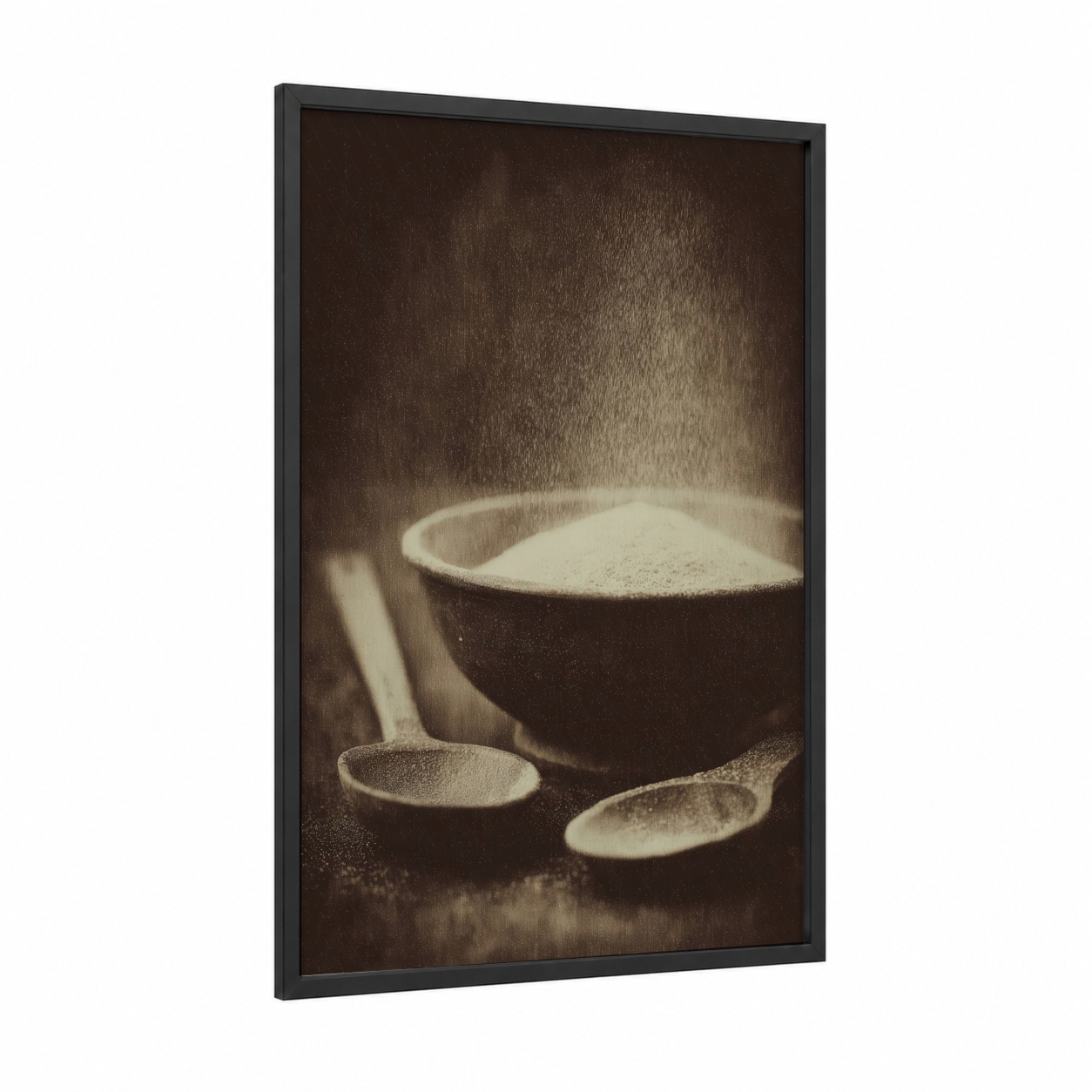 Flour Dusting framed baking print — black wood frame — black and white and cream palette