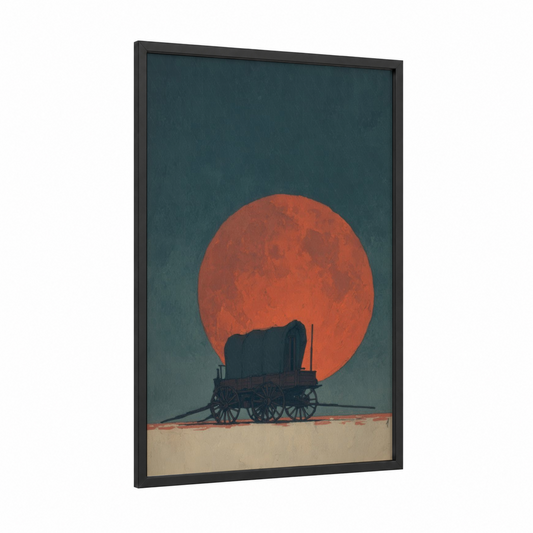 Desert Wagon Sunset framed art print — black wood frame — red and dark blue palette