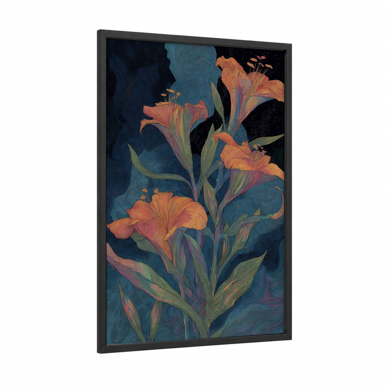 Midnight Lily framed art print — black wood frame — dark blue and gold palette