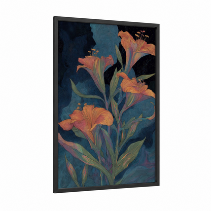 Midnight Lily framed art print — black wood frame — dark blue and gold palette