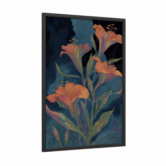 Midnight Lily framed art print — black wood frame — dark blue and gold palette