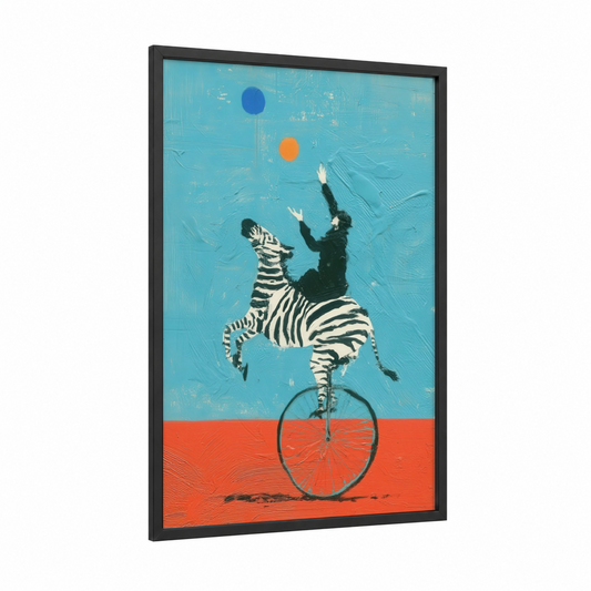 Acrobat Zebra framed art print — black wood frame — blue and orange palette