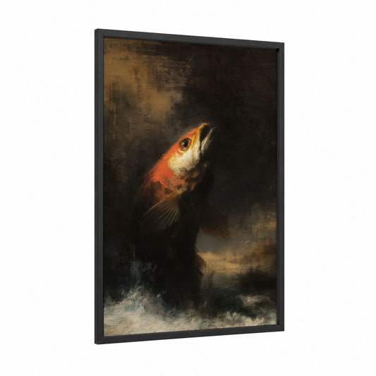 Crimson Dragon Fish framed art print — black wood frame — black palette