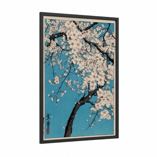 Cerulean Blossom framed cherry blossoms print — black wood frame — blue and white palette