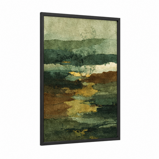 Olive Grove Landscape framed olive tree print — black wood frame — sage green and yellow gold palette