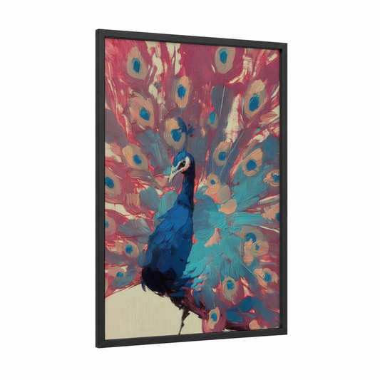 Crimson Peacock Display framed art print — black wood frame — magenta and teal palette