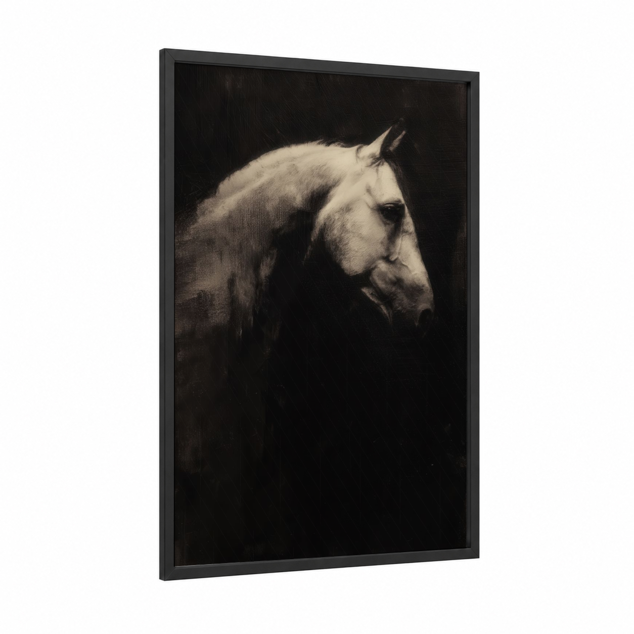 Elegant Andalusian framed andalusian horse print — black wood frame — black and white and cream palette