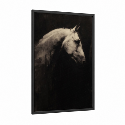 Elegant Andalusian framed andalusian horse print — black wood frame — black and white and cream palette