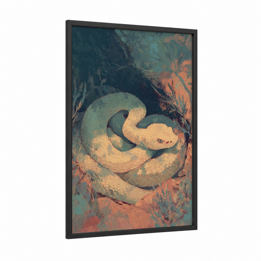 Desert Rattlesnake framed art print — black wood frame — gold and teal palette