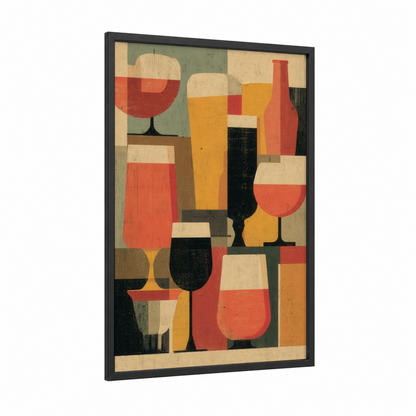 Geometric Beer Collection framed art print — black wood frame — gold and red palette