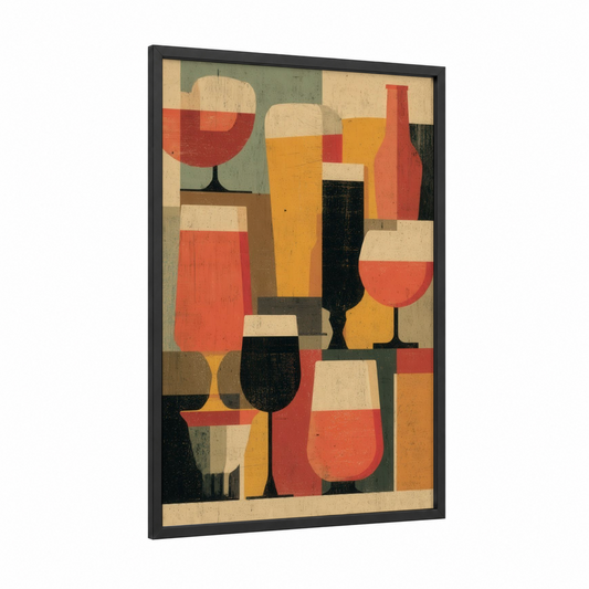 Geometric Beer Collection framed art print — black wood frame — gold and red palette