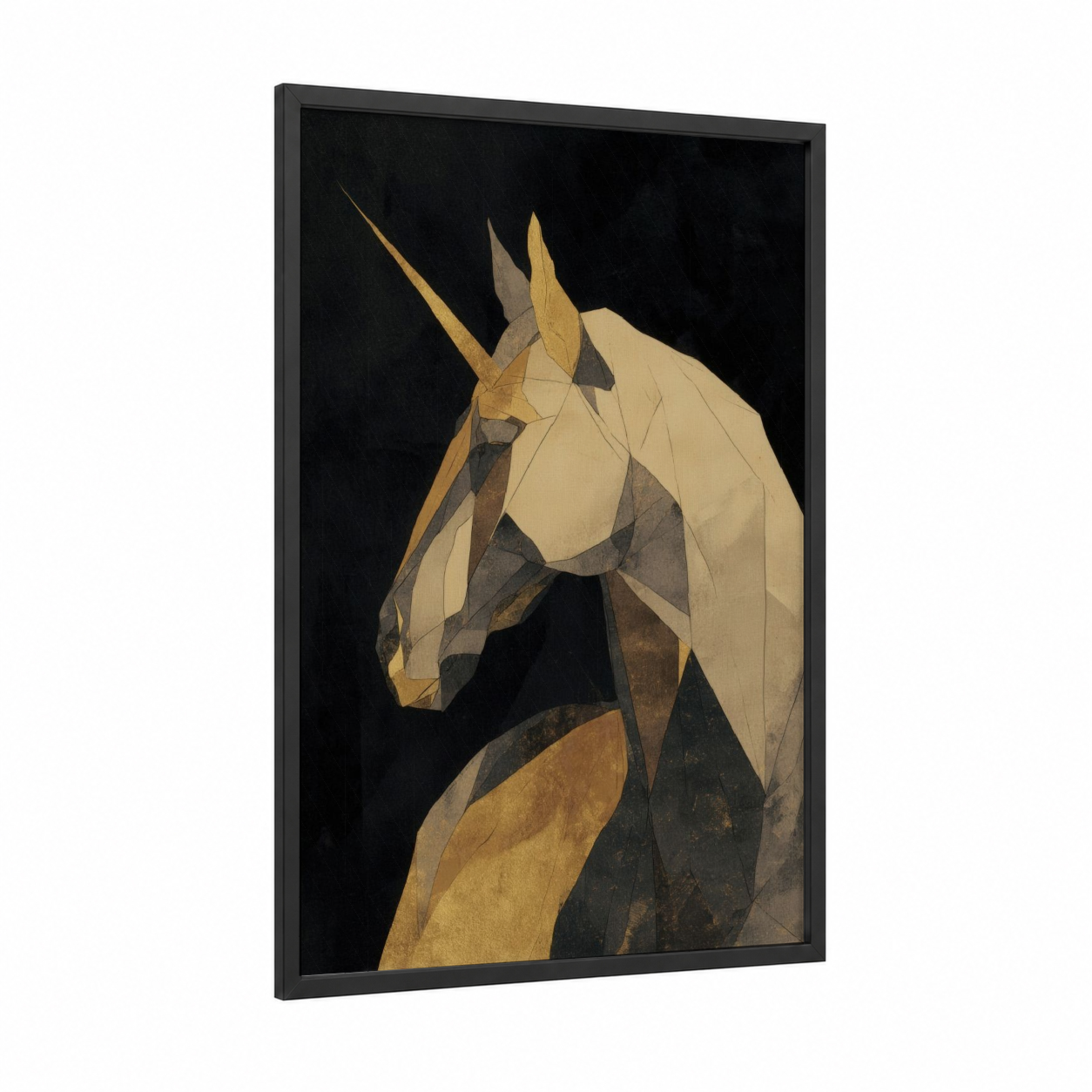 Golden Unicorn framed unicorns print — black wood frame — gold and black palette