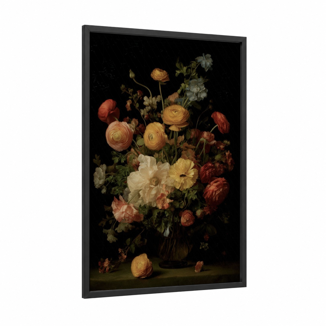 Vintage Ranunculus framed art print — black wood frame — gold and russet palette