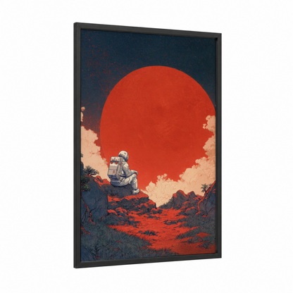Solitary Astronaut framed japanese retrofuturism print — black wood frame — red and dark blue palette