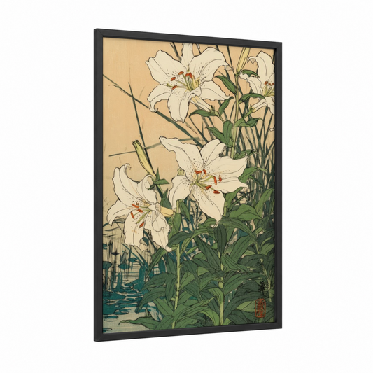White Amaryllis Garden framed amarillys print — black wood frame — cream and light green palette