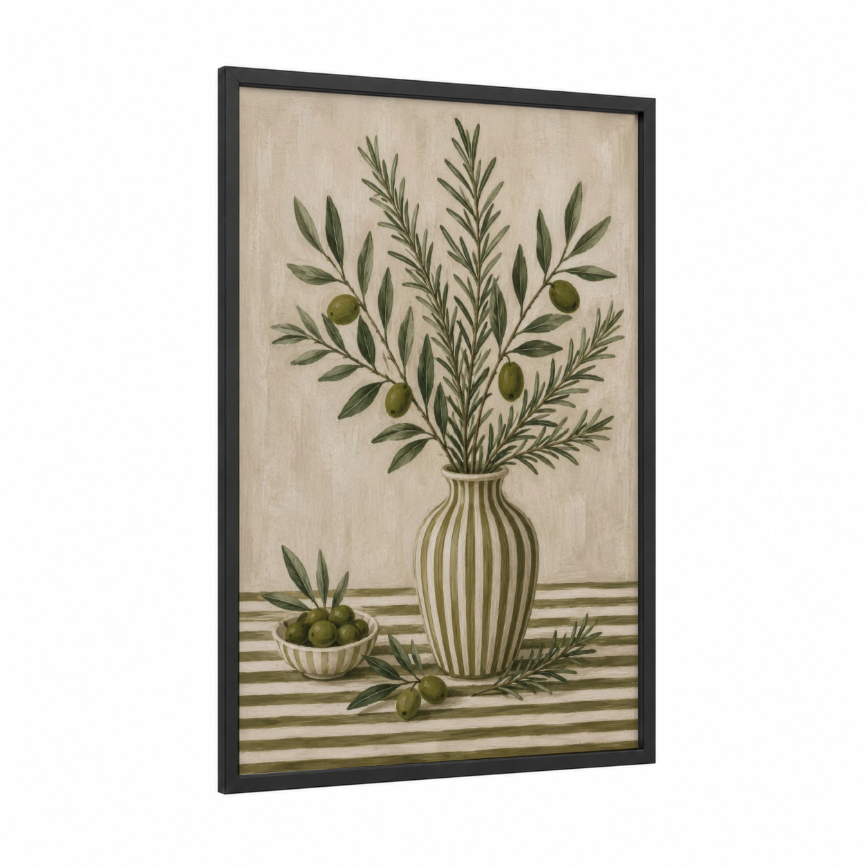 Olive Branch Botanical Illustration Wall Art framed olive tree print — black wood frame — sage green and beige palette