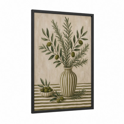 Olive Branch Botanical Illustration Wall Art framed olive tree print — black wood frame — sage green and beige palette