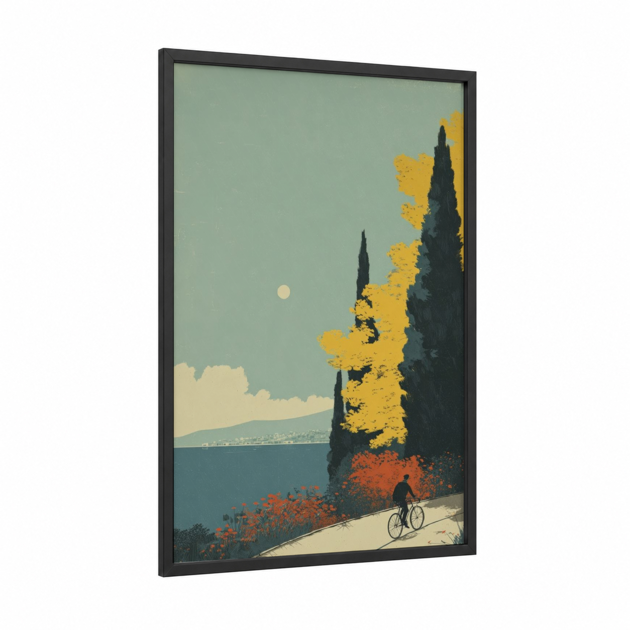 Coastal Cyclist framed urban bicycle print — black wood frame — sage green and gold palette