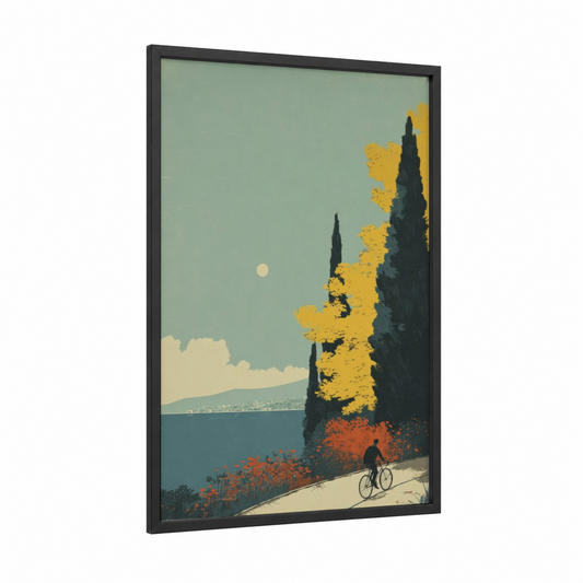 Coastal Cyclist framed urban bicycle print — black wood frame — sage green and gold palette