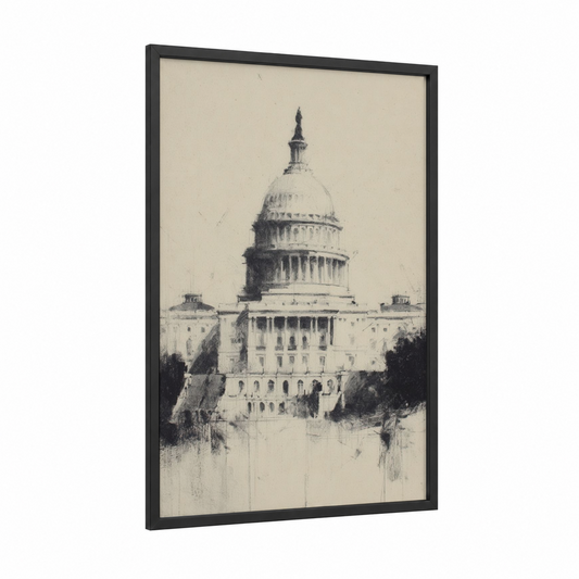 Capitol Dome Sketch framed us capitol print — black wood frame — black and white and cream palette