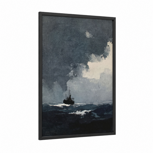 Stormy Harbor Vessel framed port print — black wood frame — gray and black and white palette