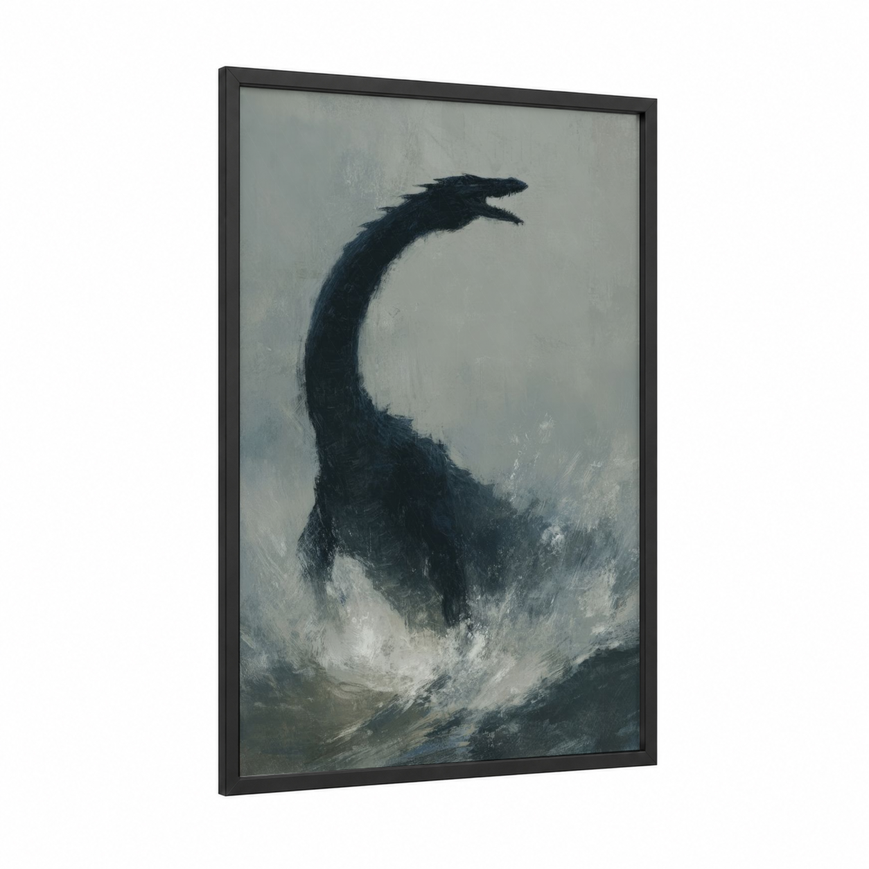 Misty Nessie framed loch ness monster print — black wood frame — gray and black palette