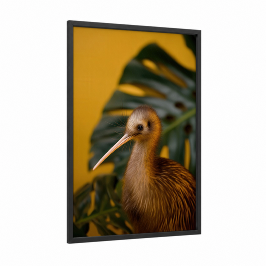 Golden Kiwi Portrait framed art print — black wood frame — gold and dark green palette