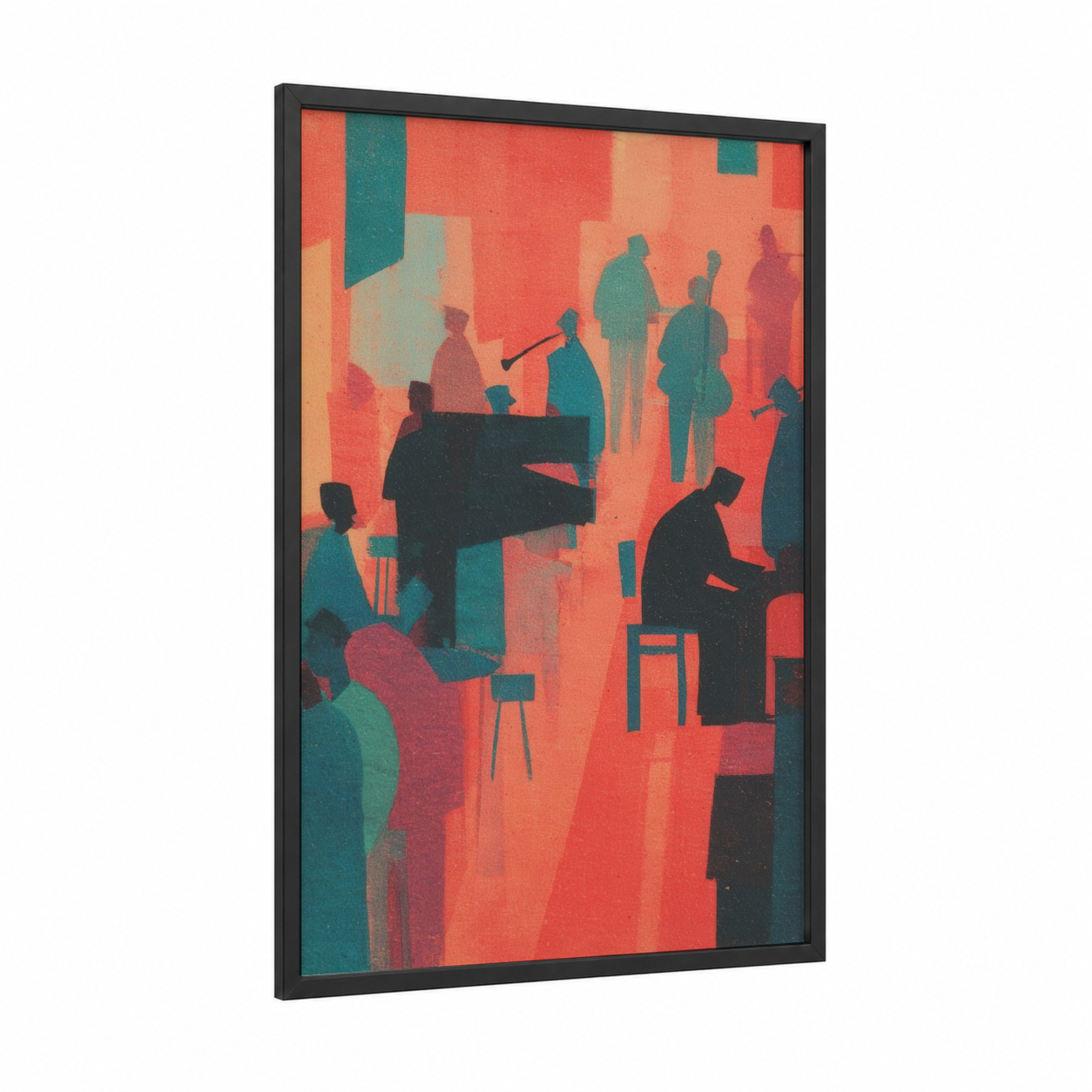 Vibrant Jazz Ensemble framed blues print — black wood frame — orange and teal palette